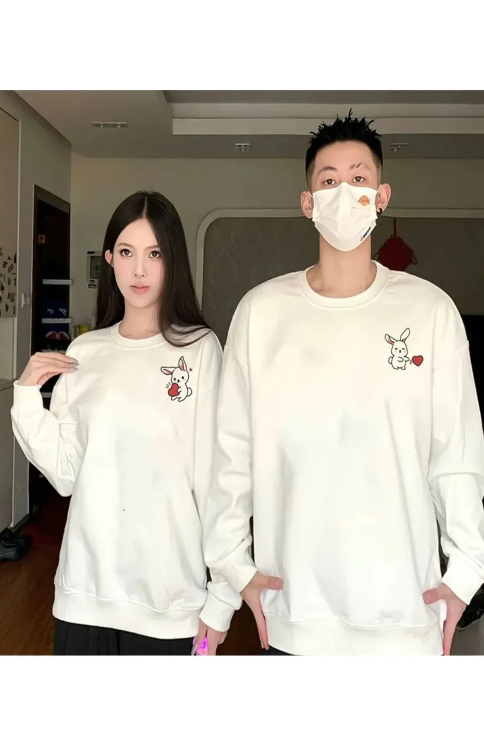 Tavşan Baskılı Sevgili Çift Kombini Kapüşonlu Sweatshirt & Hodie - Beyaz