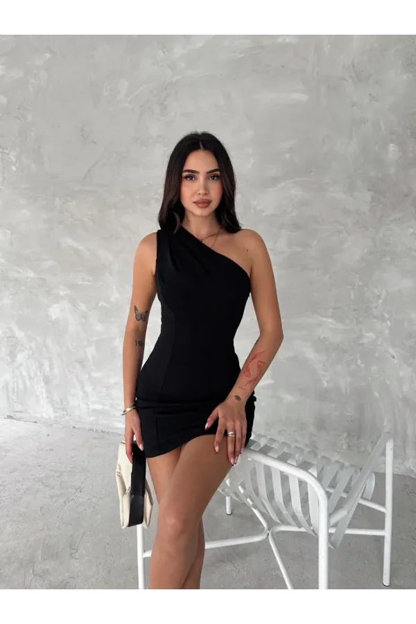 Tek Omuzlu Kolsuz Mini Boy Elbise - Siyah