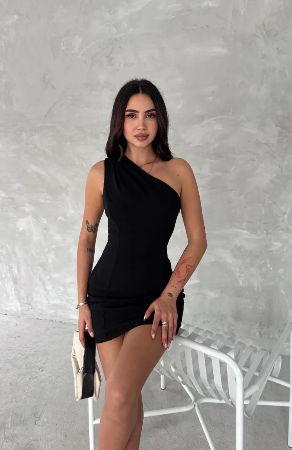 Tek Omuzlu Kolsuz Mini Boy Elbise - Siyah