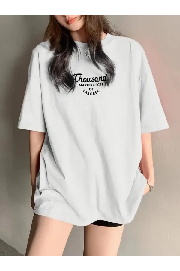Thousand Ön Arka Baskılı Oversize Bisiklet Yaka T-shirt - Beyaz