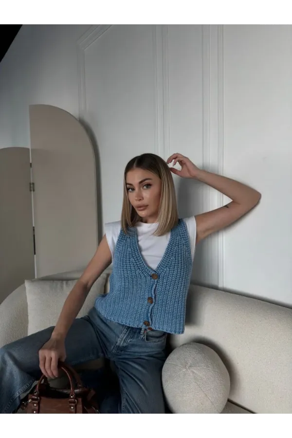 Triko Kolsuz Düğmeli Yelek - Mavi