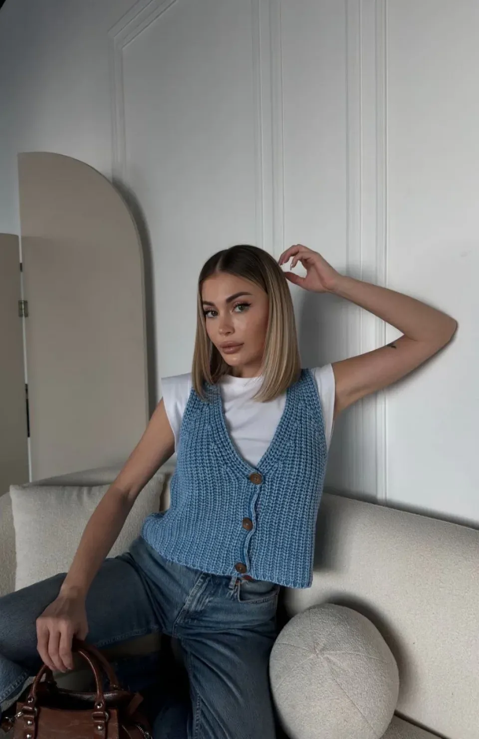 Triko Kolsuz Düğmeli Yelek - Mavi