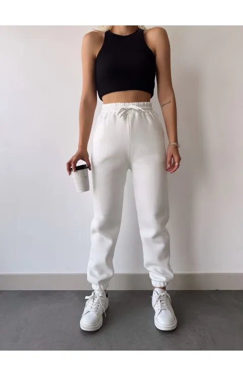 Üç İplik Basic Lastikli Eşofman Pantolon - Beyaz