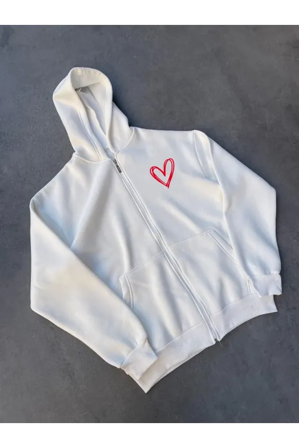 Üç İplik Baskılı Fermuarlı Kapüşonlu Hırka - Beyaz