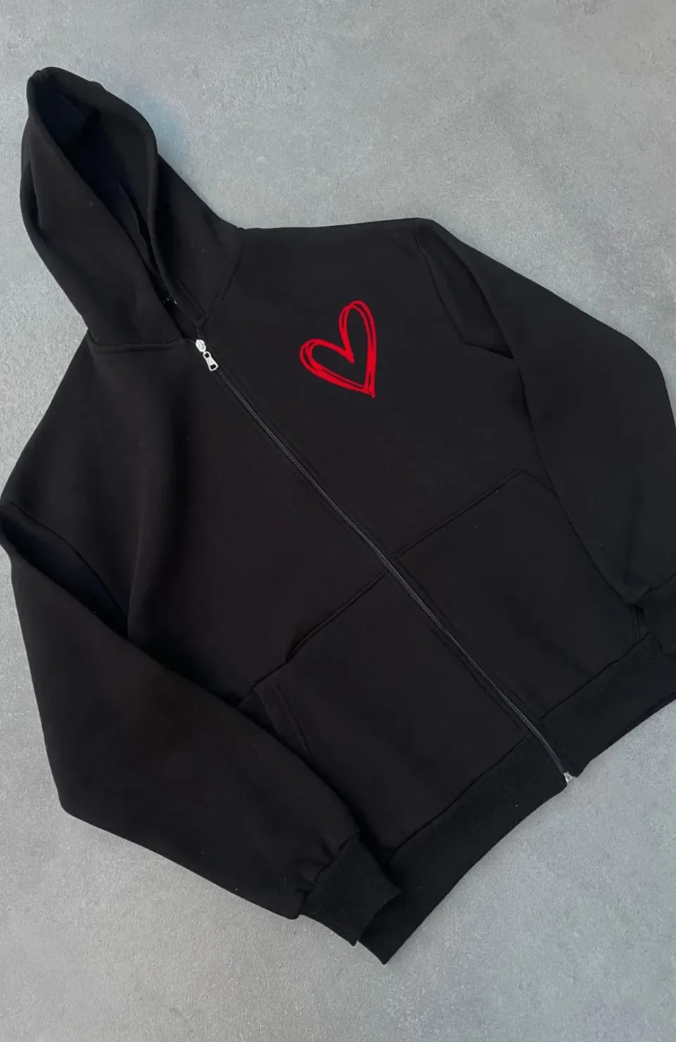 Üç İplik Baskılı Fermuarlı Kapüşonlu Hırka - Siyah