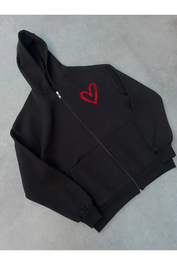 Üç İplik Baskılı Fermuarlı Kapüşonlu Hırka - Siyah