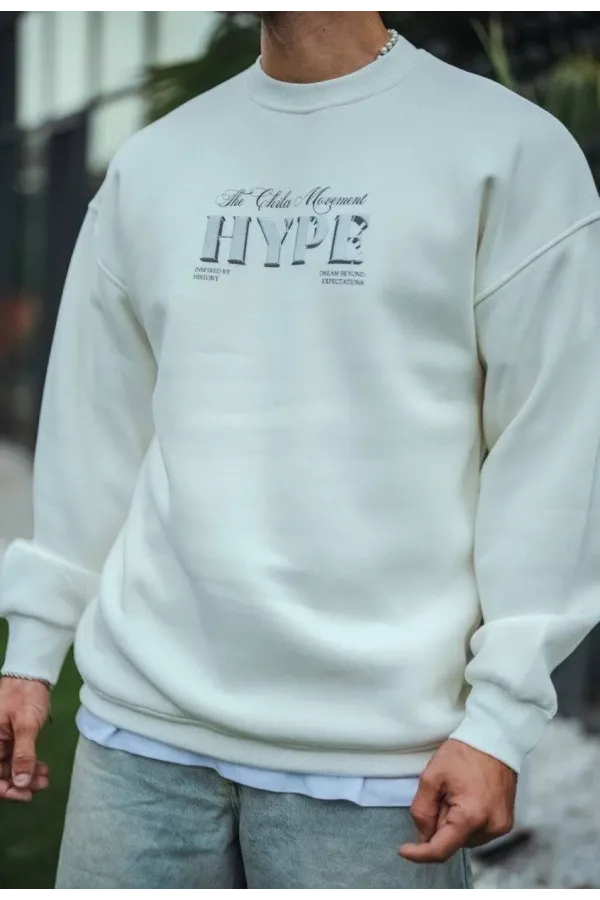 Üç İplik Bisiklet Yaka Baskılı SweatShirt - Beyaz