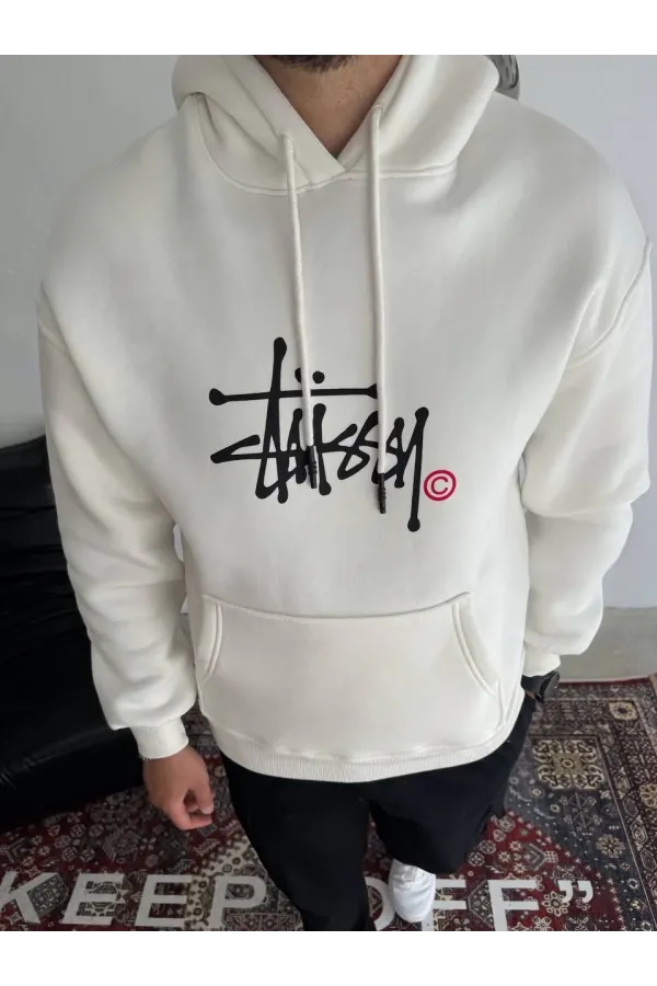Üç İplik Kapşonlu Baskılı SweatShirt - Beyaz