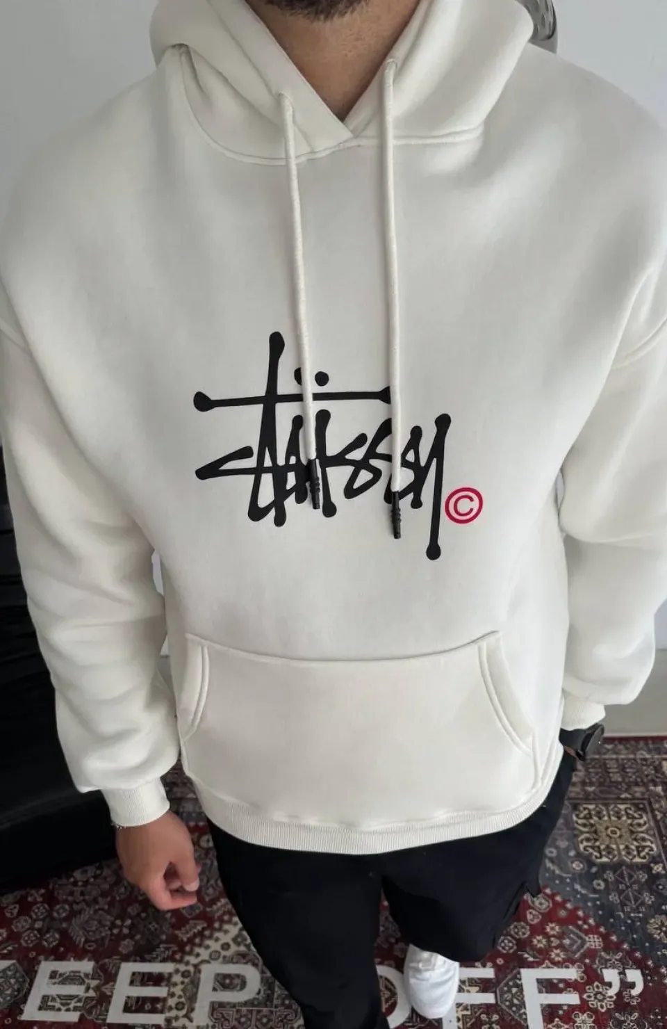 Üç İplik Kapşonlu Baskılı SweatShirt - Beyaz