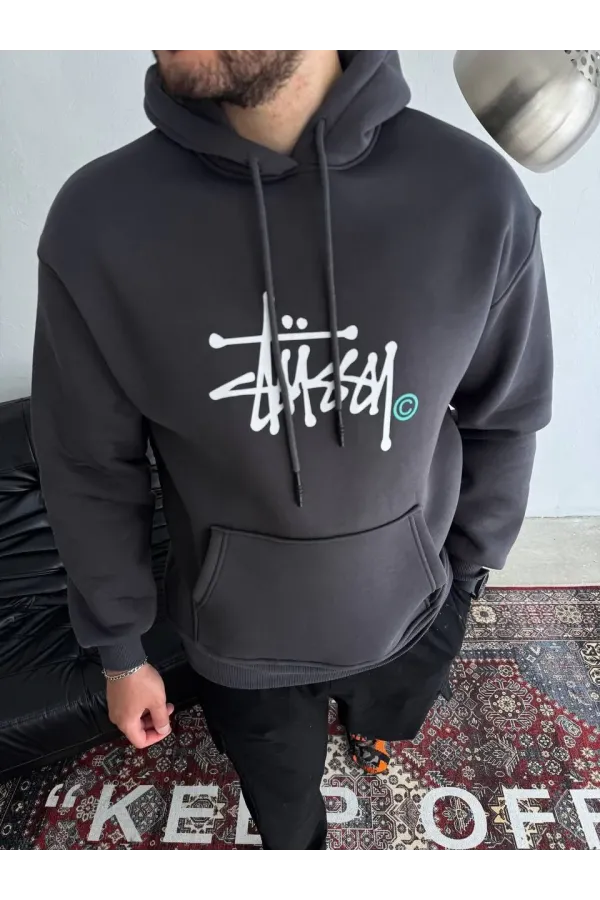 Üç İplik Kapşonlu Baskılı SweatShirt - Füme