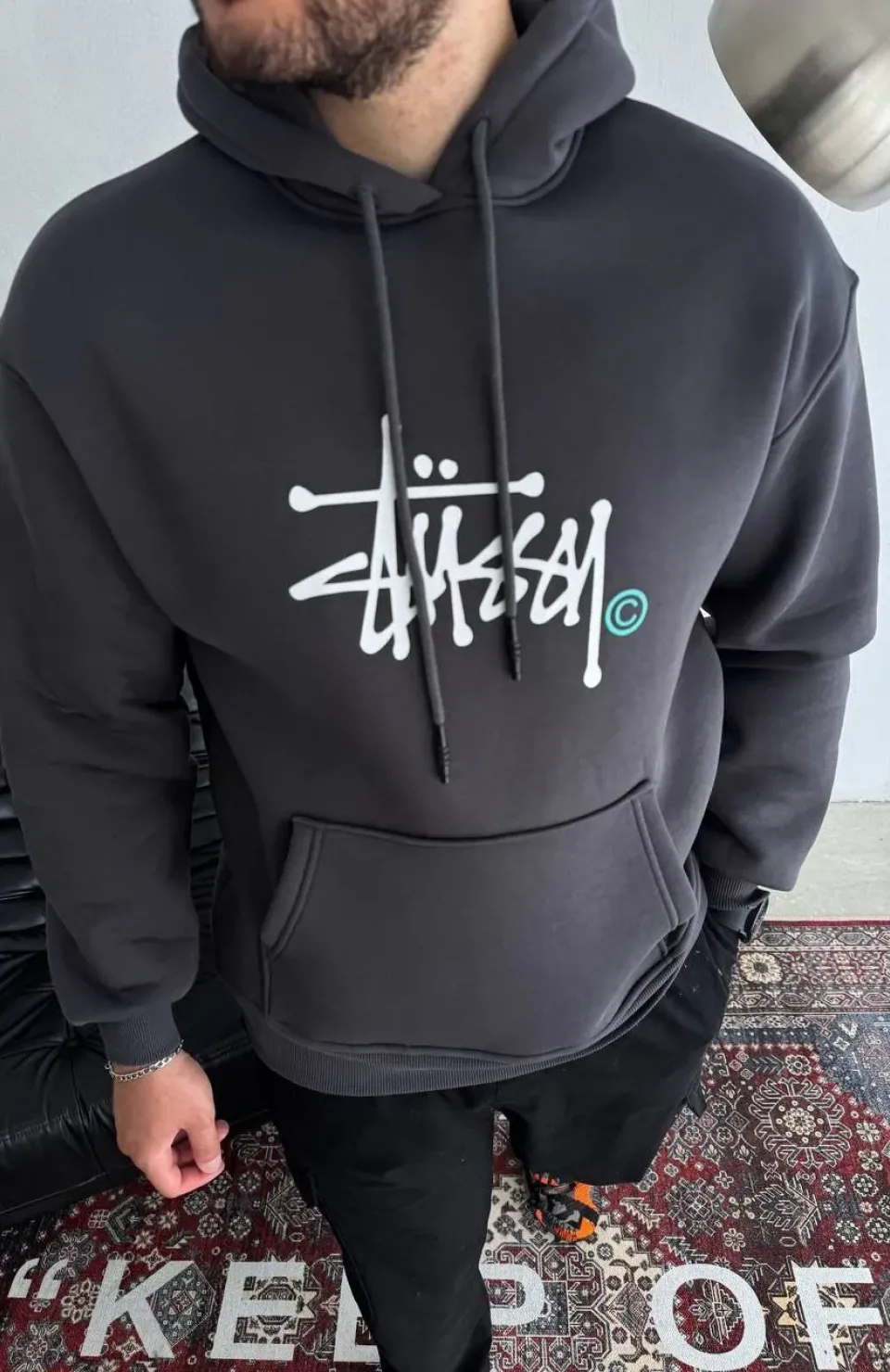 Üç İplik Kapşonlu Baskılı SweatShirt - Füme