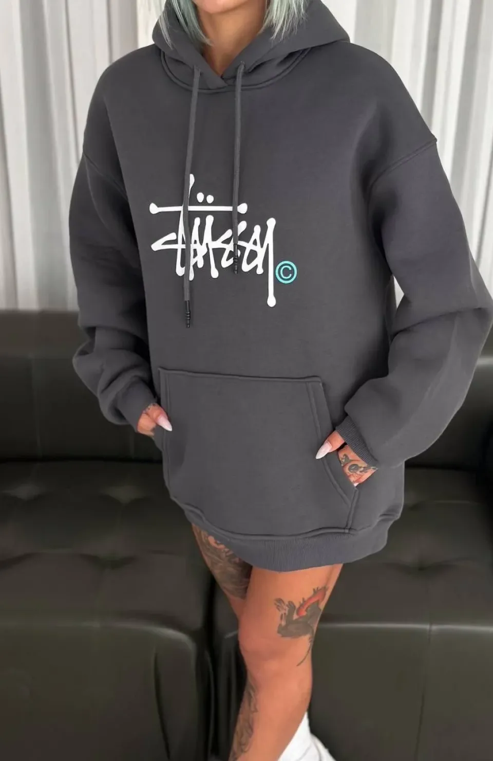 Üç İplik Kapşonlu Baskılı SweatShirt - Füme