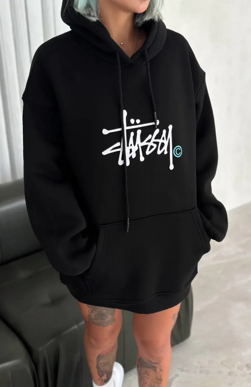 Üç İplik Kapşonlu Baskılı SweatShirt - Siyah