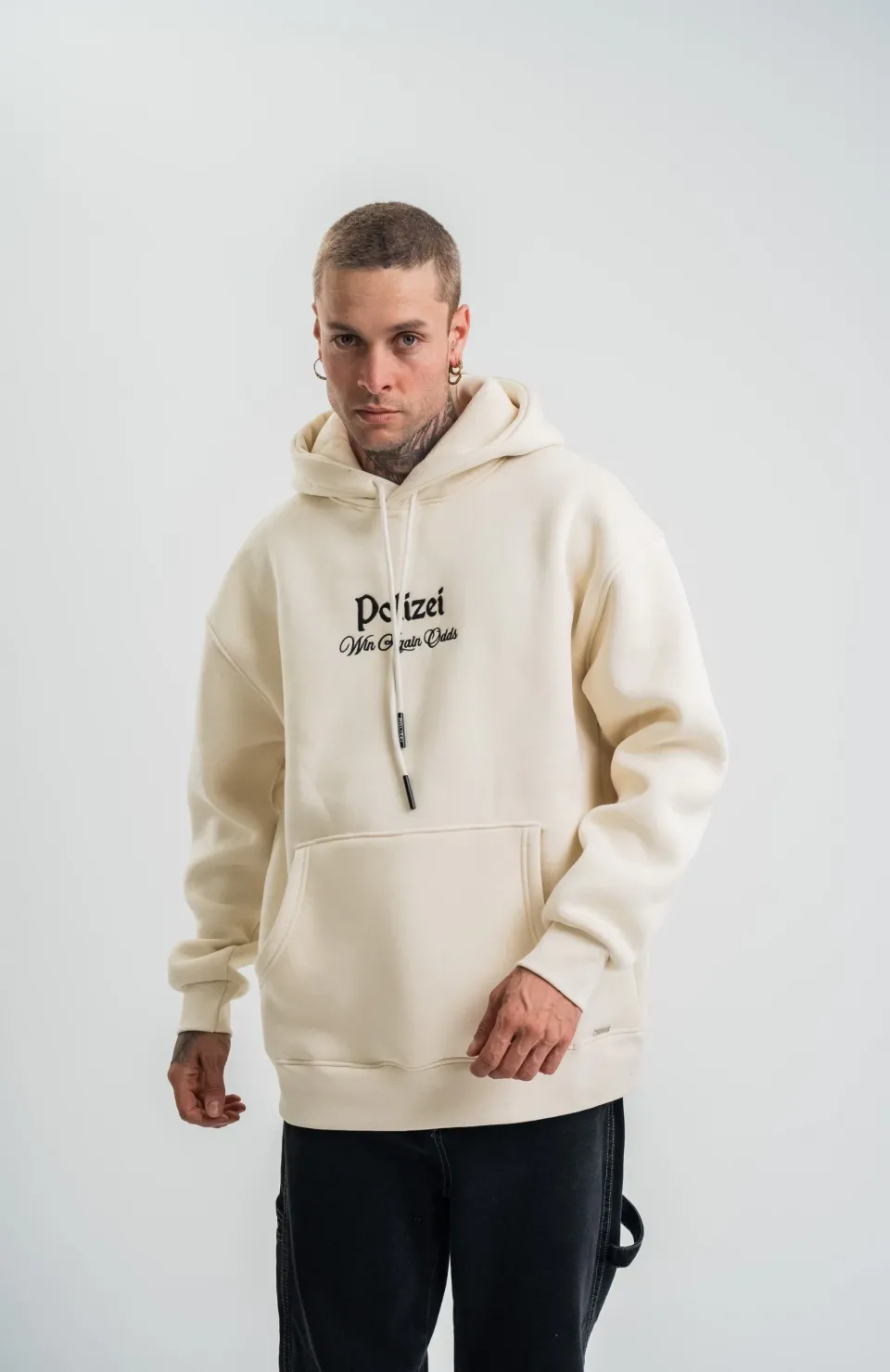 Üç İplik Kapşonlu Dijital Patchli SweatShirt - Krem