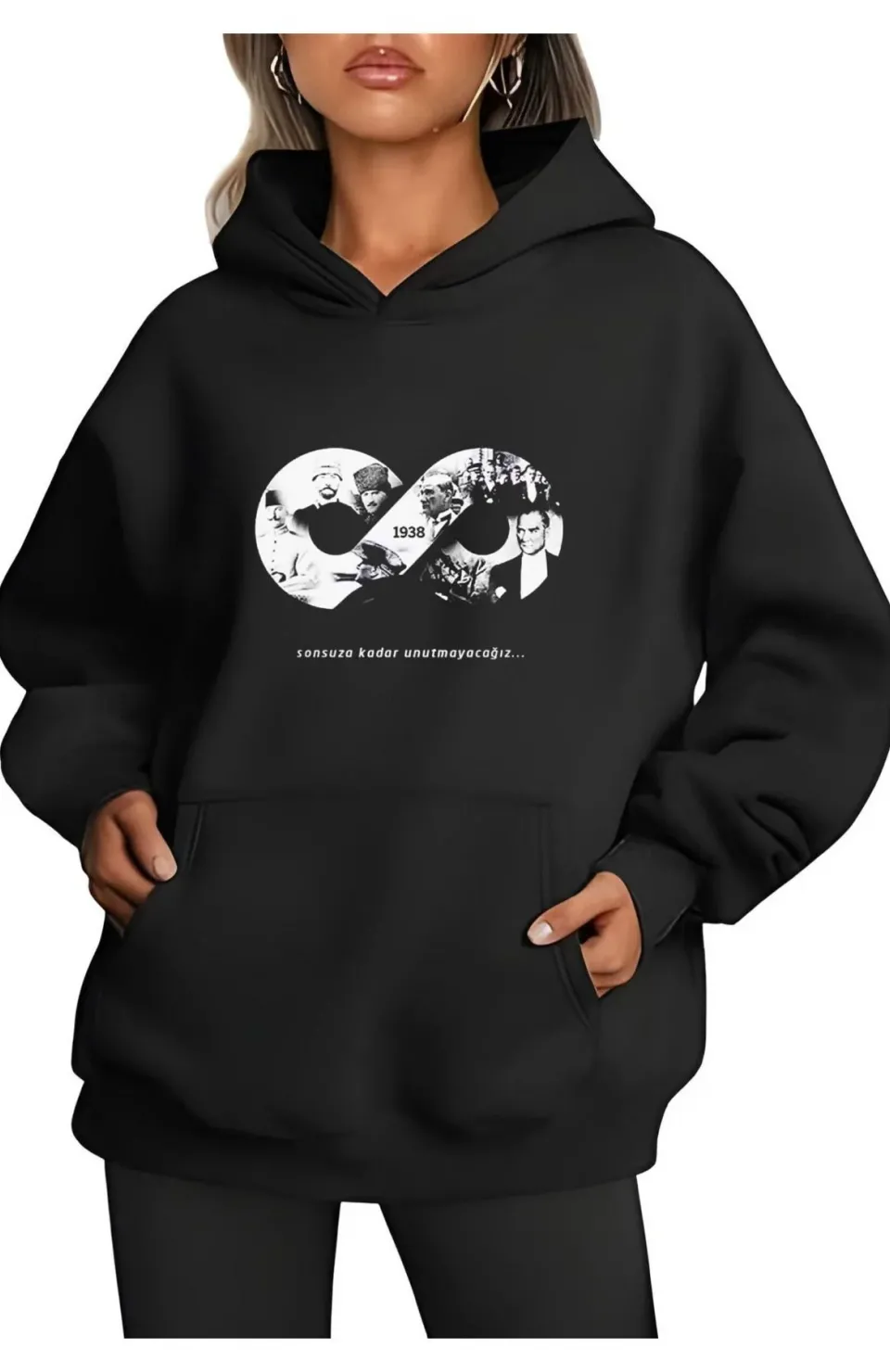 Üç İplik kapüşonlu 10 Kasıma Özel SweatShirt - Siyah