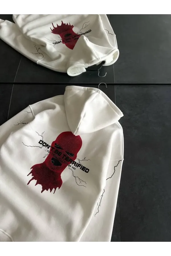 Üç İplik Kapüşonlu Baskılı Oversize SweatShirt- Beyaz