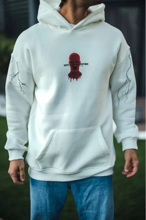 Üç İplik Kapüşonlu Baskılı Oversize SweatShirt- Beyaz