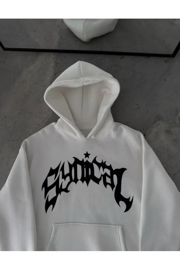 Üç İplik Kapüşonlu Baskılı Oversize SweatShirt- Beyaz
