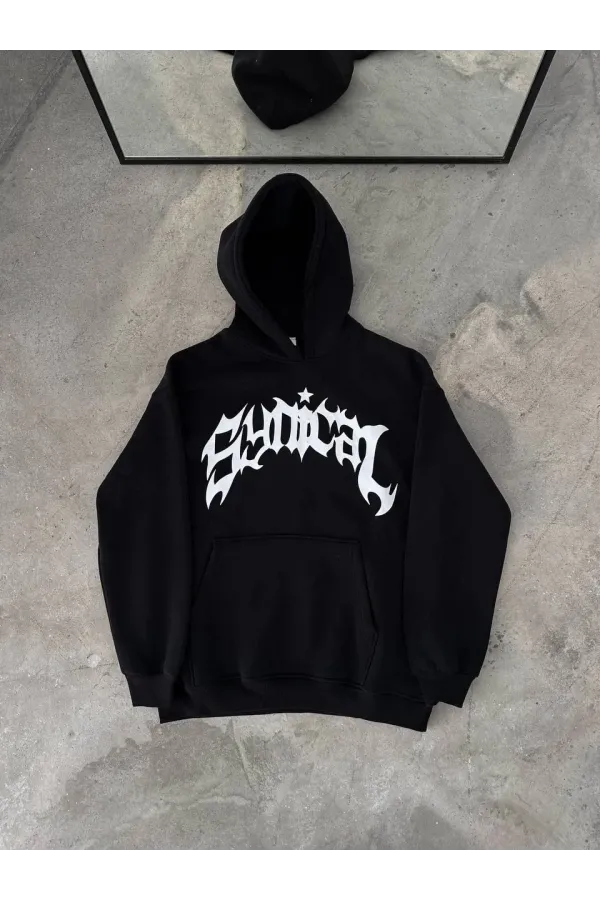 Üç İplik Kapüşonlu Baskılı Oversize SweatShirt- Siyah