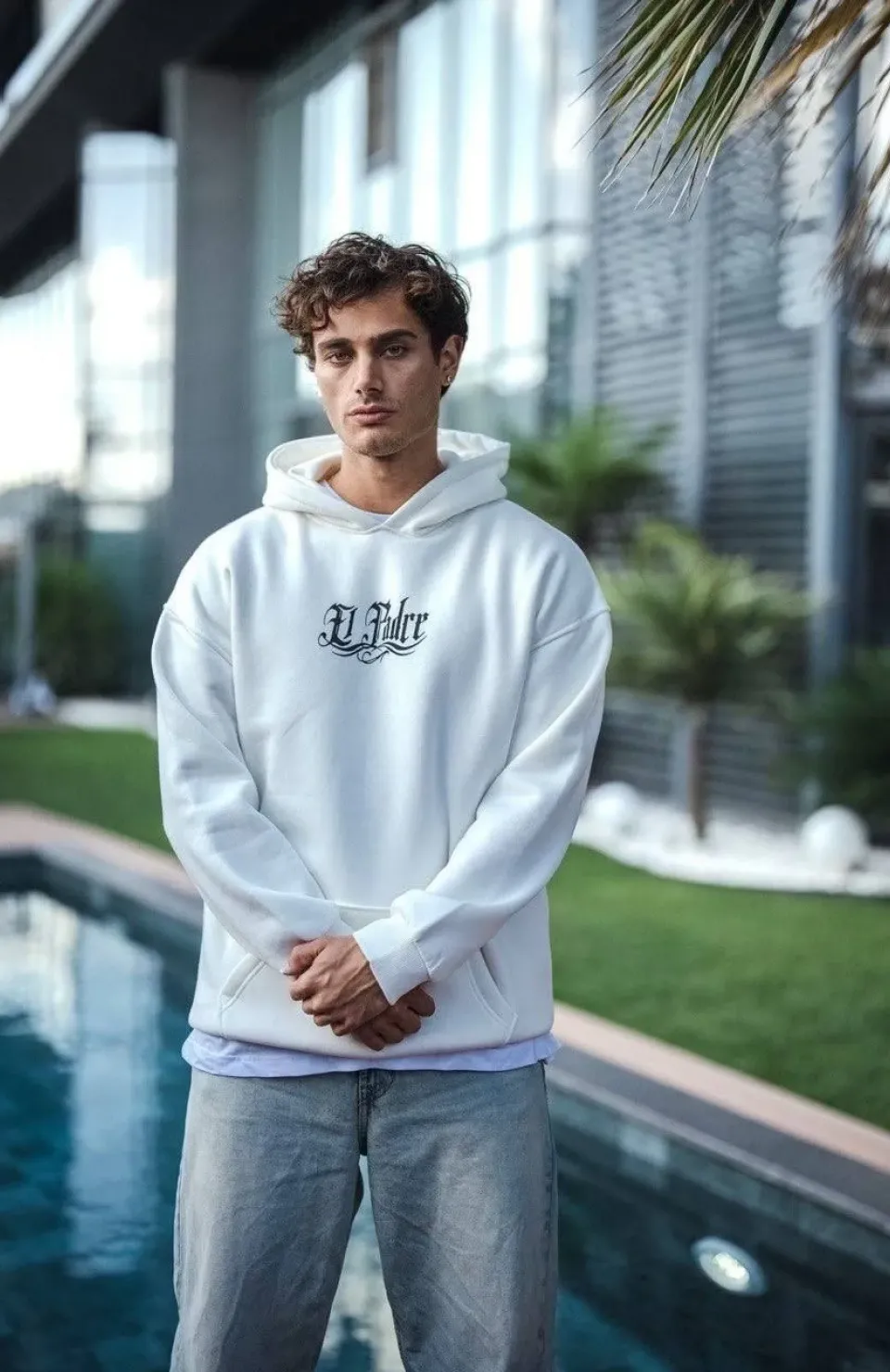 Üç İplik Penye Kapşonlu Baskılı SweatShirt - Beyaz