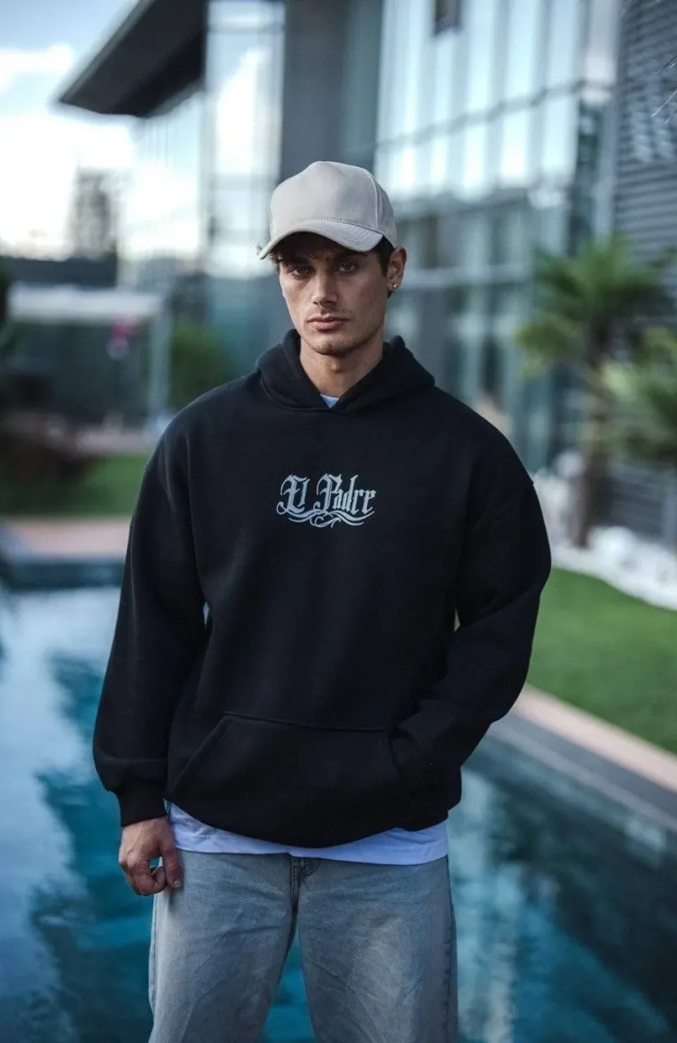 Üç İplik Penye Kapşonlu Baskılı SweatShirt - Siyah