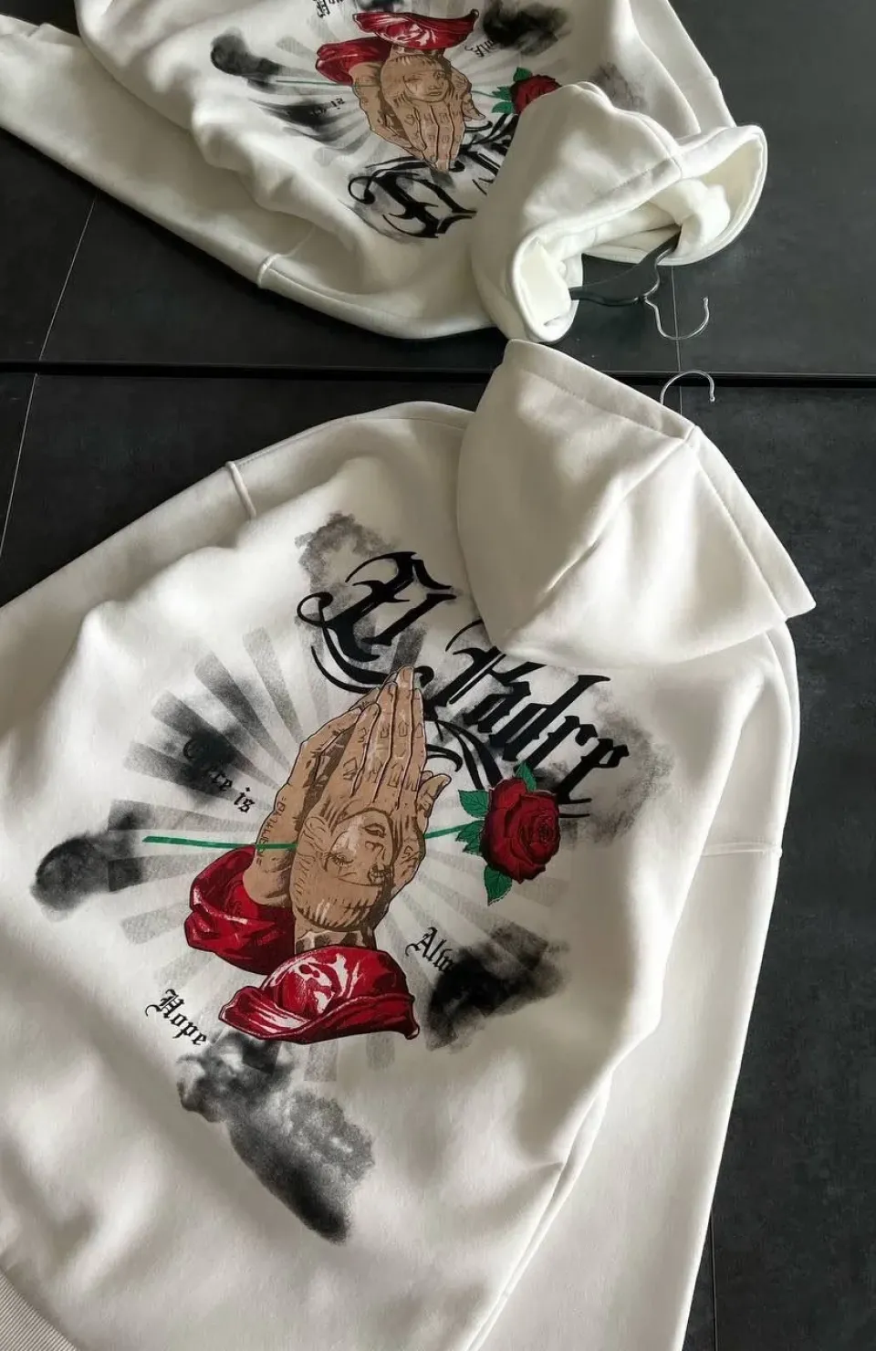 Üç İplik Penye Uzun Kol Kapüşonlu Baskılı SweatShirt - Beyaz