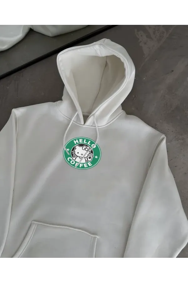 Üç İplik Penye Uzun Kol Kapüşonlu SweatShirt - Beyaz