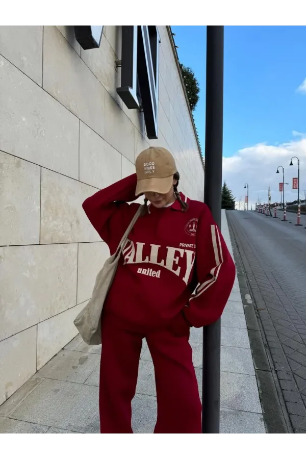 Üç İplik Yakalı Sweat Baggy Pantalonlu Takım - Bordo