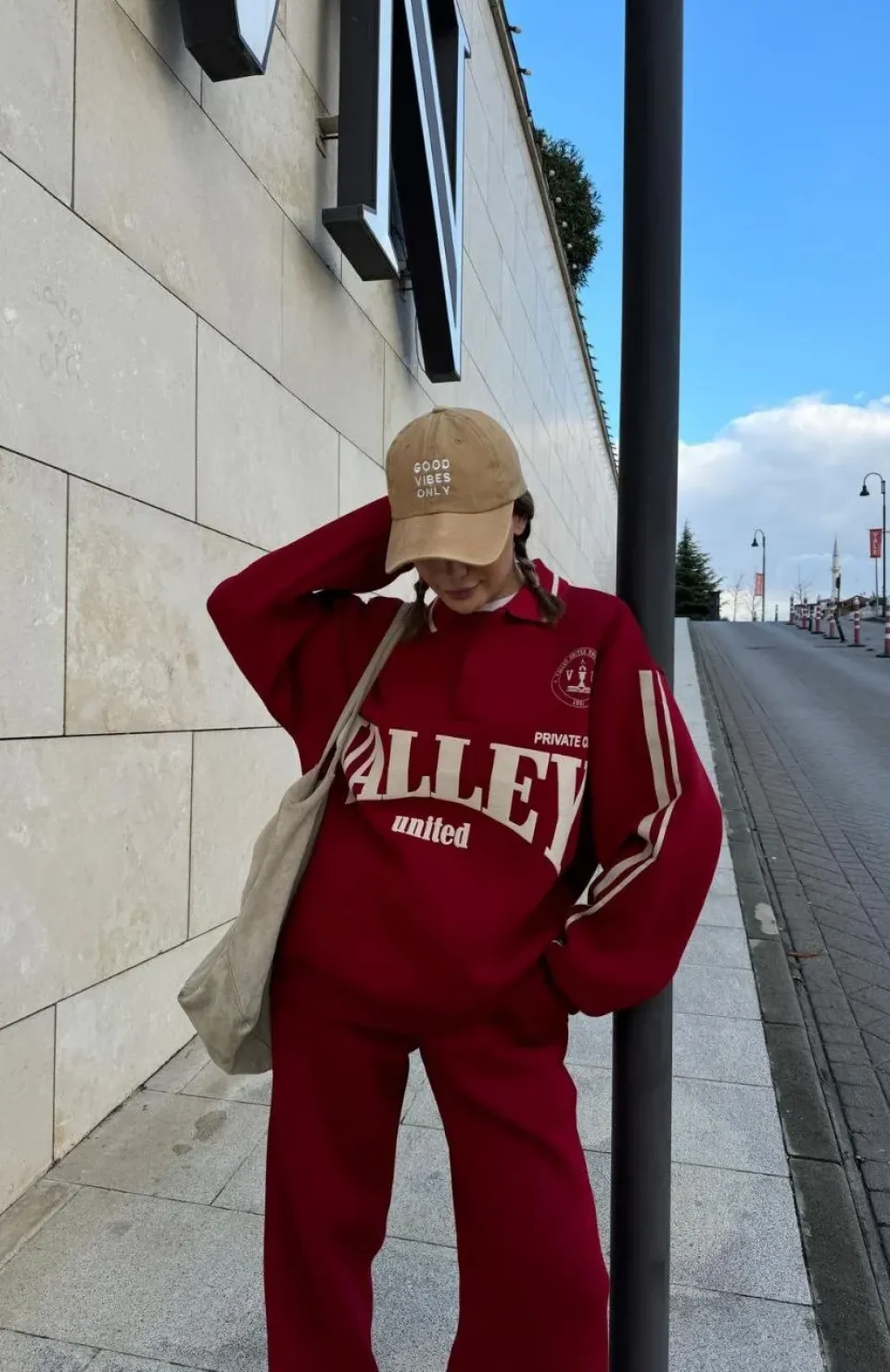 Üç İplik Yakalı Sweat Baggy Pantalonlu Takım - Bordo