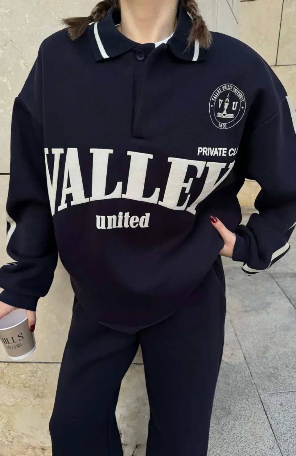 Üç İplik Yakalı Sweat Baggy Pantalonlu Takım - Siyah