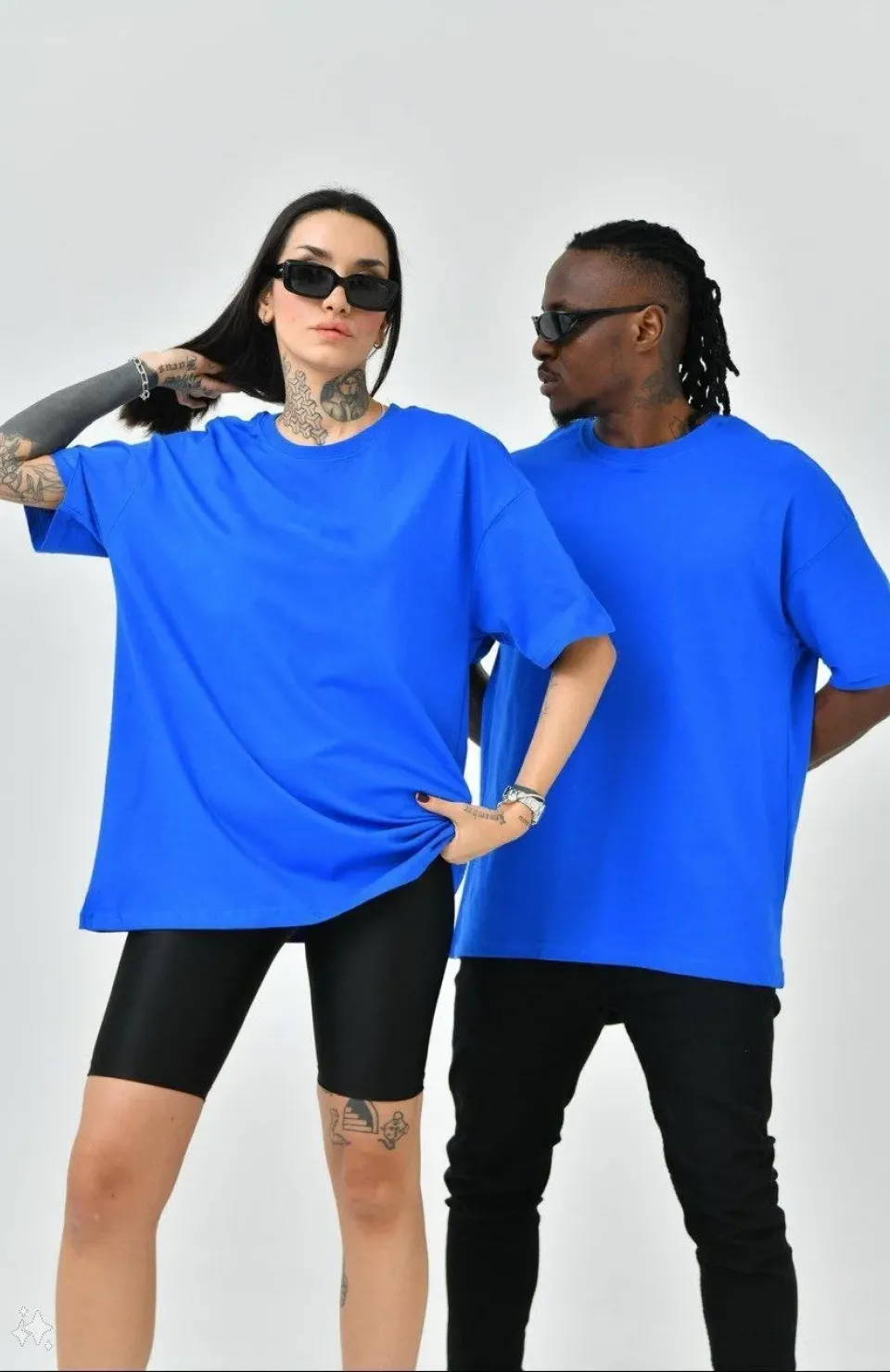 Unisex Basic Bisiklet Yaka Oversize T-Shirt - Mavi