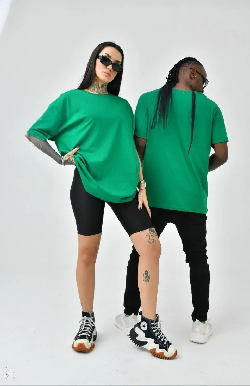 Unisex Basic Bisiklet Yaka Oversize T-Shirt - Yeşil