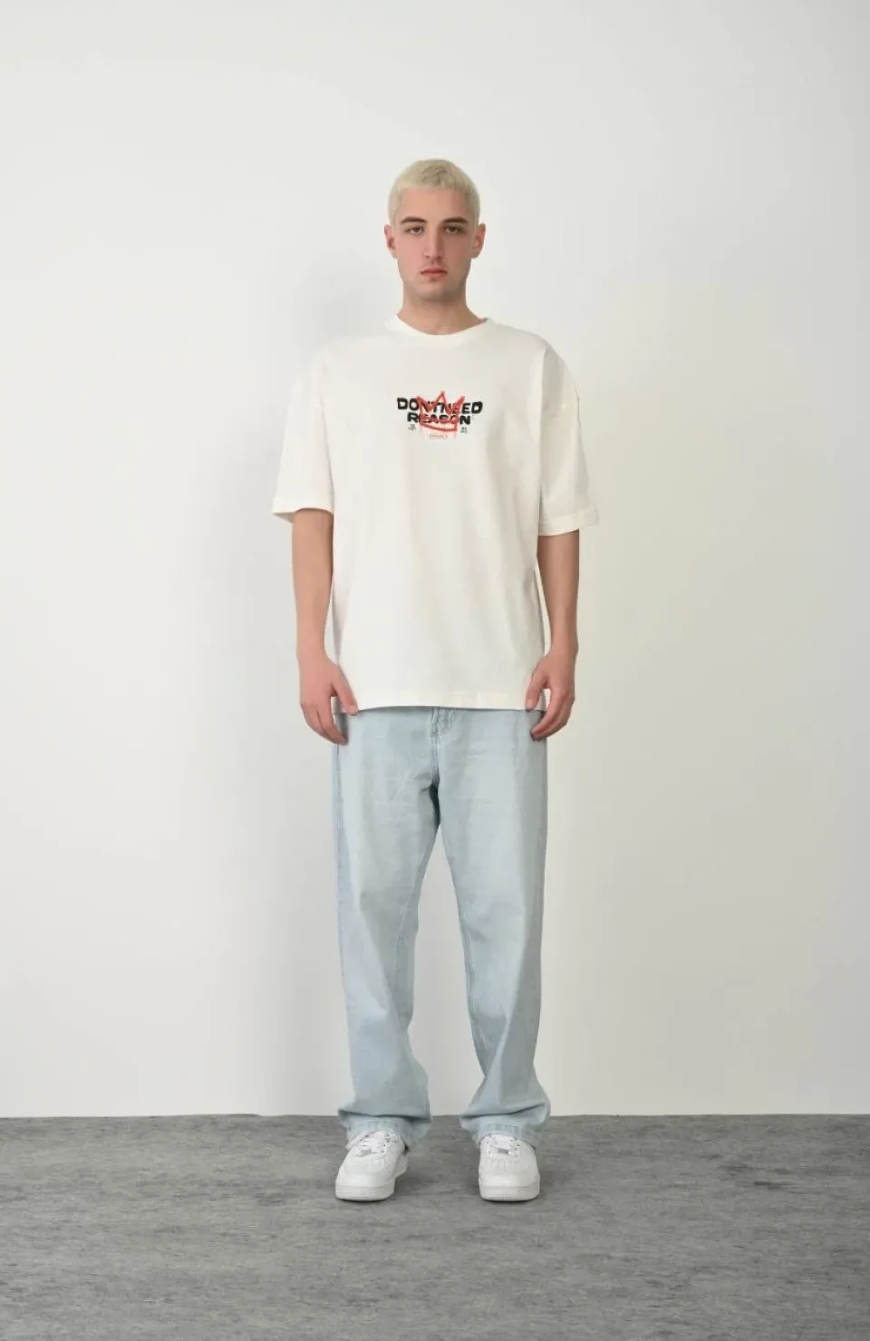 Unisex Baskılı Bisiklet Yaka Oversize T-Shirt - Beyaz