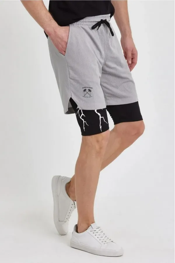 Unisex Baskılı İç Cepli Sporcu Alt Taytlı Şort - Gri