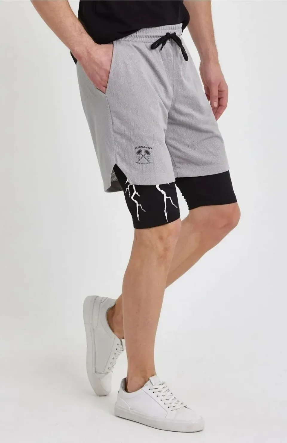 Unisex Baskılı İç Cepli Sporcu Alt Taytlı Şort - Gri