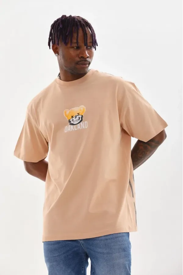 Unisex Baskılı Oversize T-Shirt - Bej