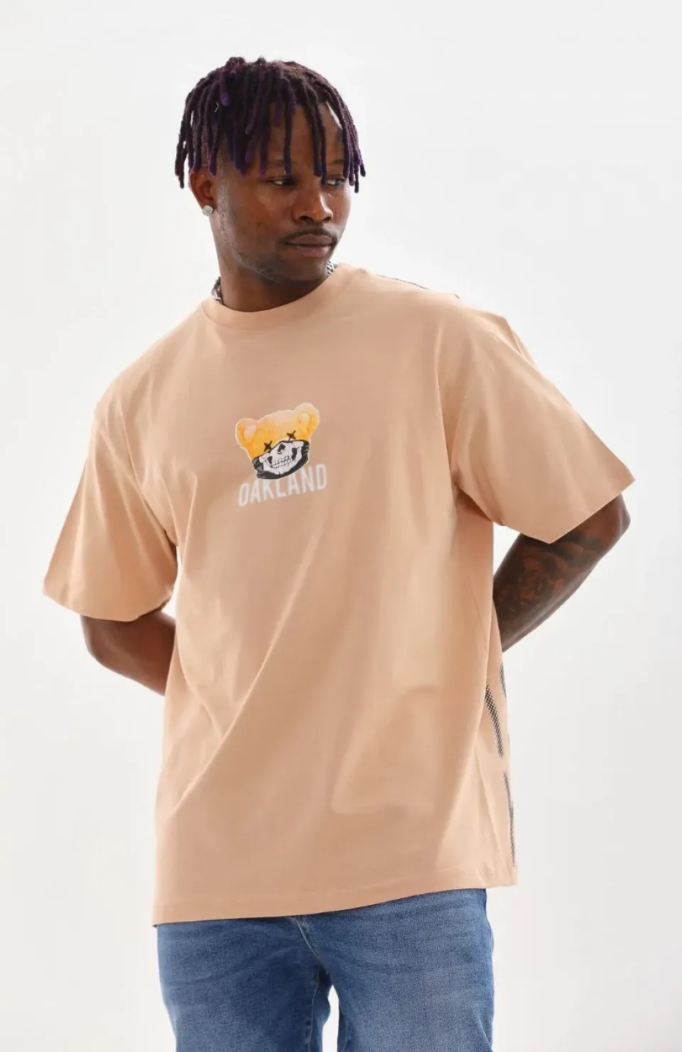 Unisex Baskılı Oversize T-Shirt - Bej