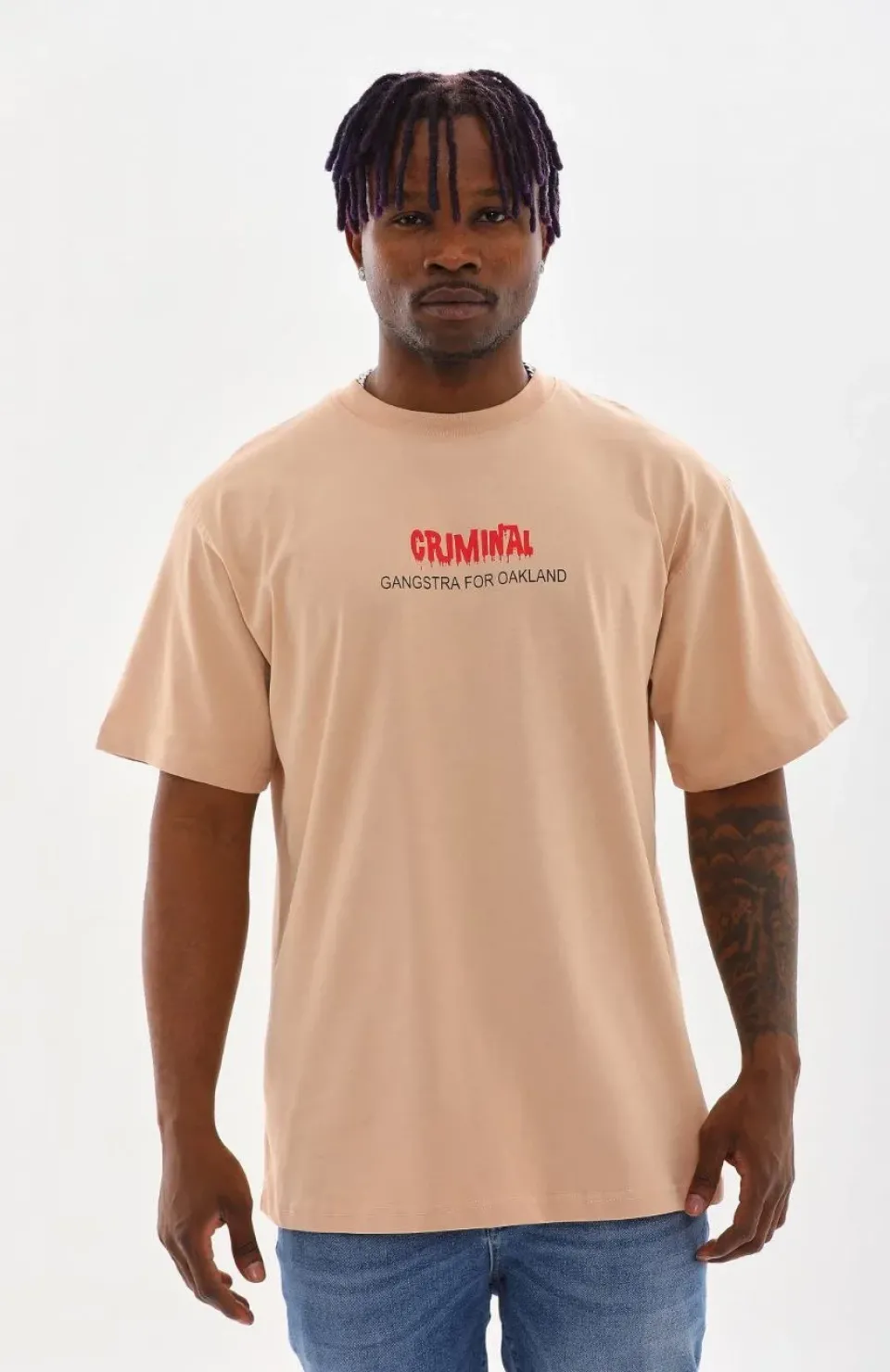 Unisex Baskılı Oversize T-Shirt - Bej