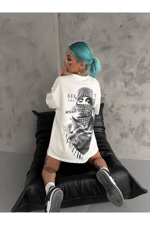 Unisex Baskılı Oversize T-Shirt - Beyaz