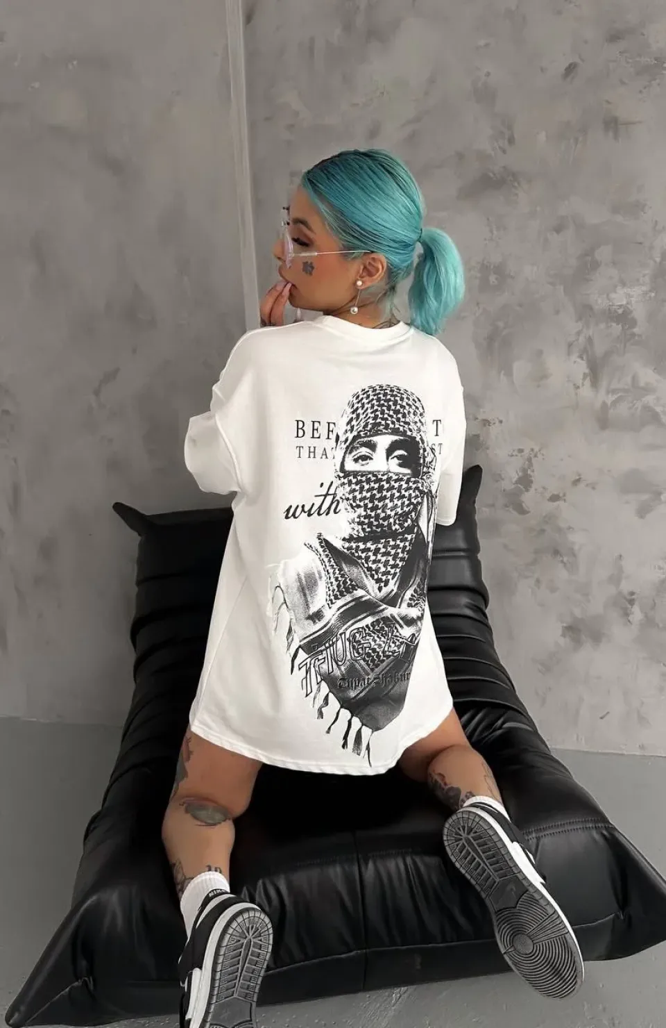 Unisex Baskılı Oversize T-Shirt - Beyaz