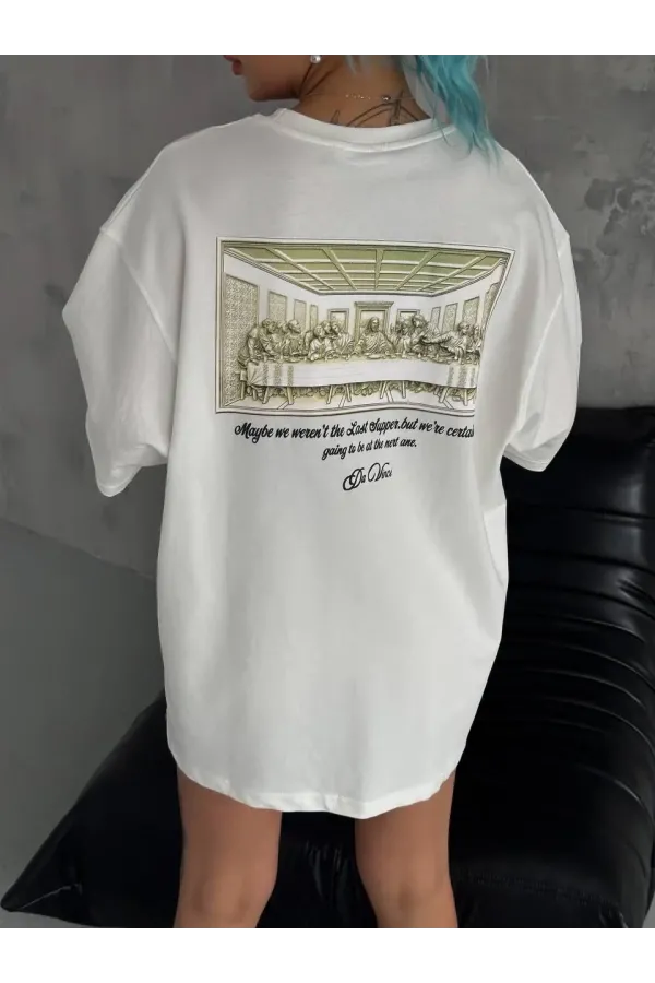 Unisex Baskılı Oversize T-Shirt - Beyaz
