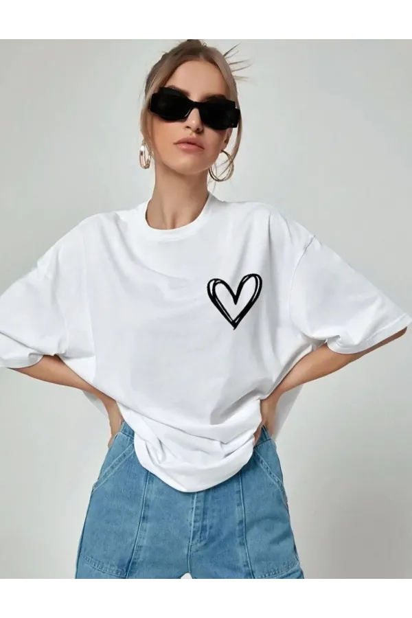 Unisex Baskılı Oversize T-Shirt - Beyaz