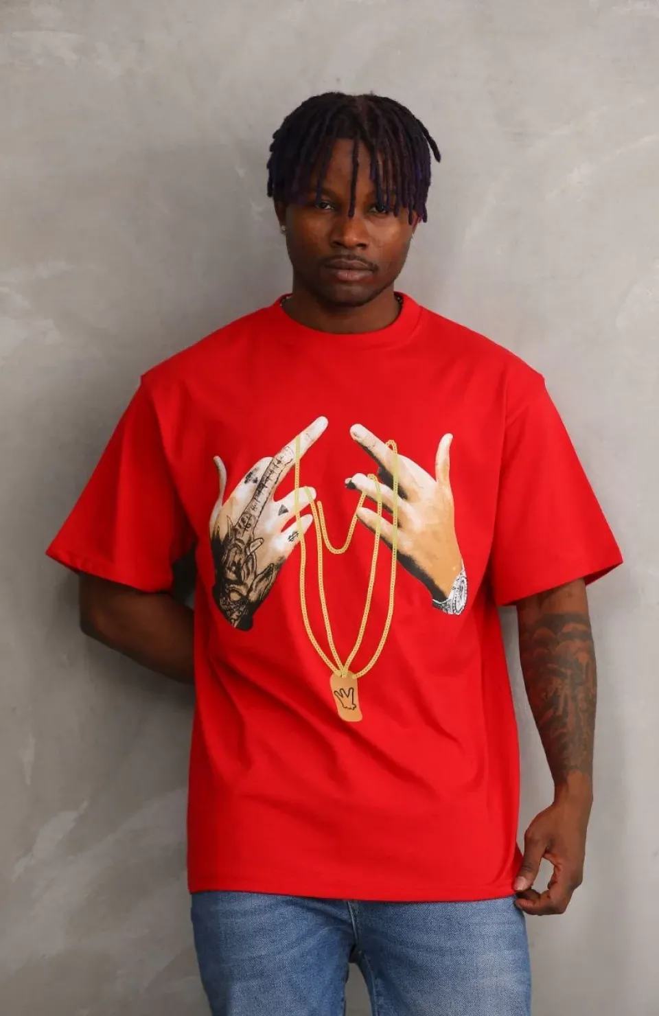 Unisex Baskılı Oversize T-Shirt - Kırmızı