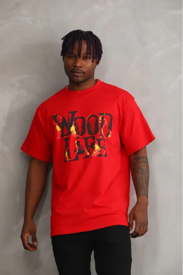 Unisex Baskılı Oversize T-Shirt - Kırmızı