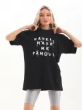 Unisex Baskılı Oversize T-Shirt - Siyah