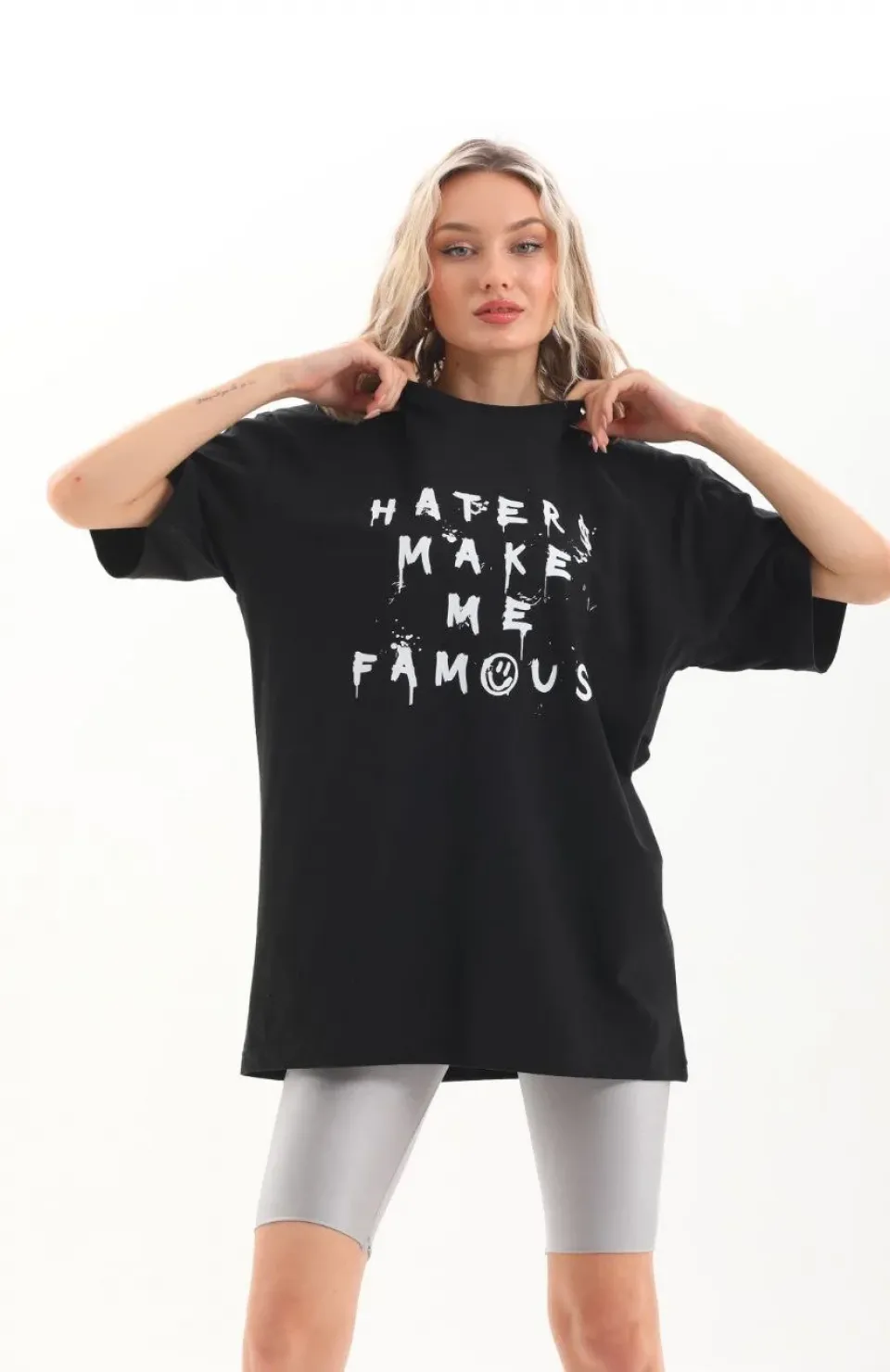 Unisex Baskılı Oversize T-Shirt - Siyah