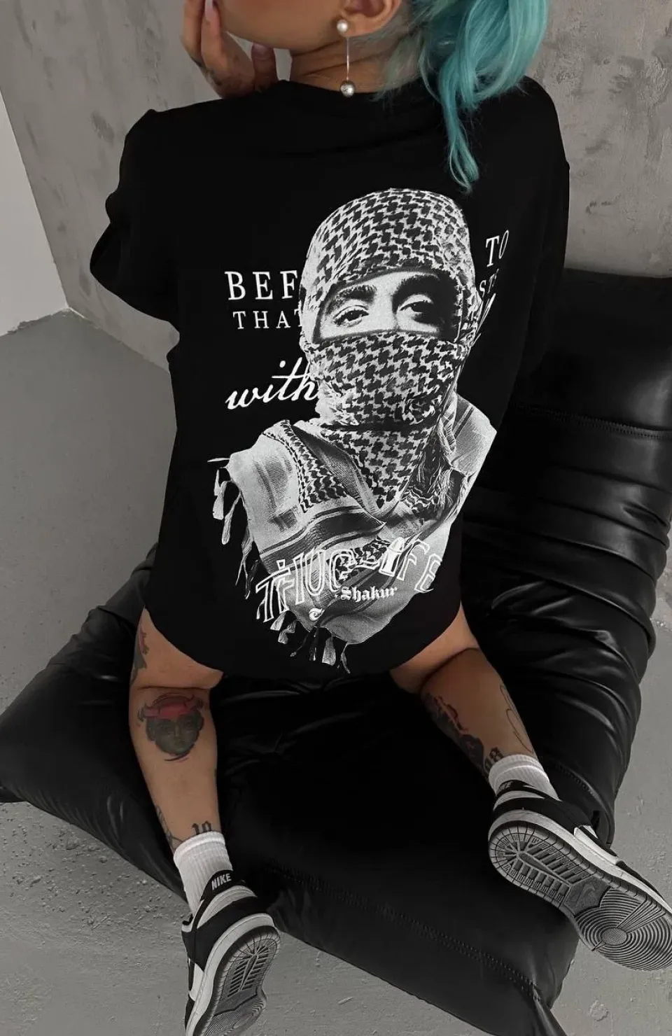 Unisex Baskılı Oversize T-Shirt - Siyah