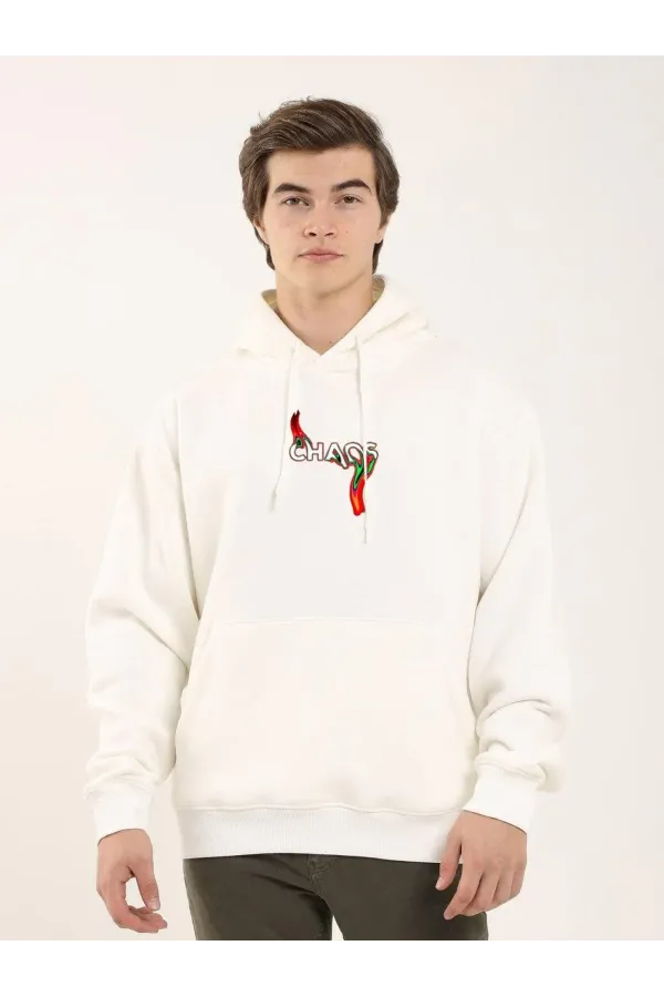 Unisex Baskılı Oversize Üç İplik Kapüşonlu Sweatshirt - Beyaz
