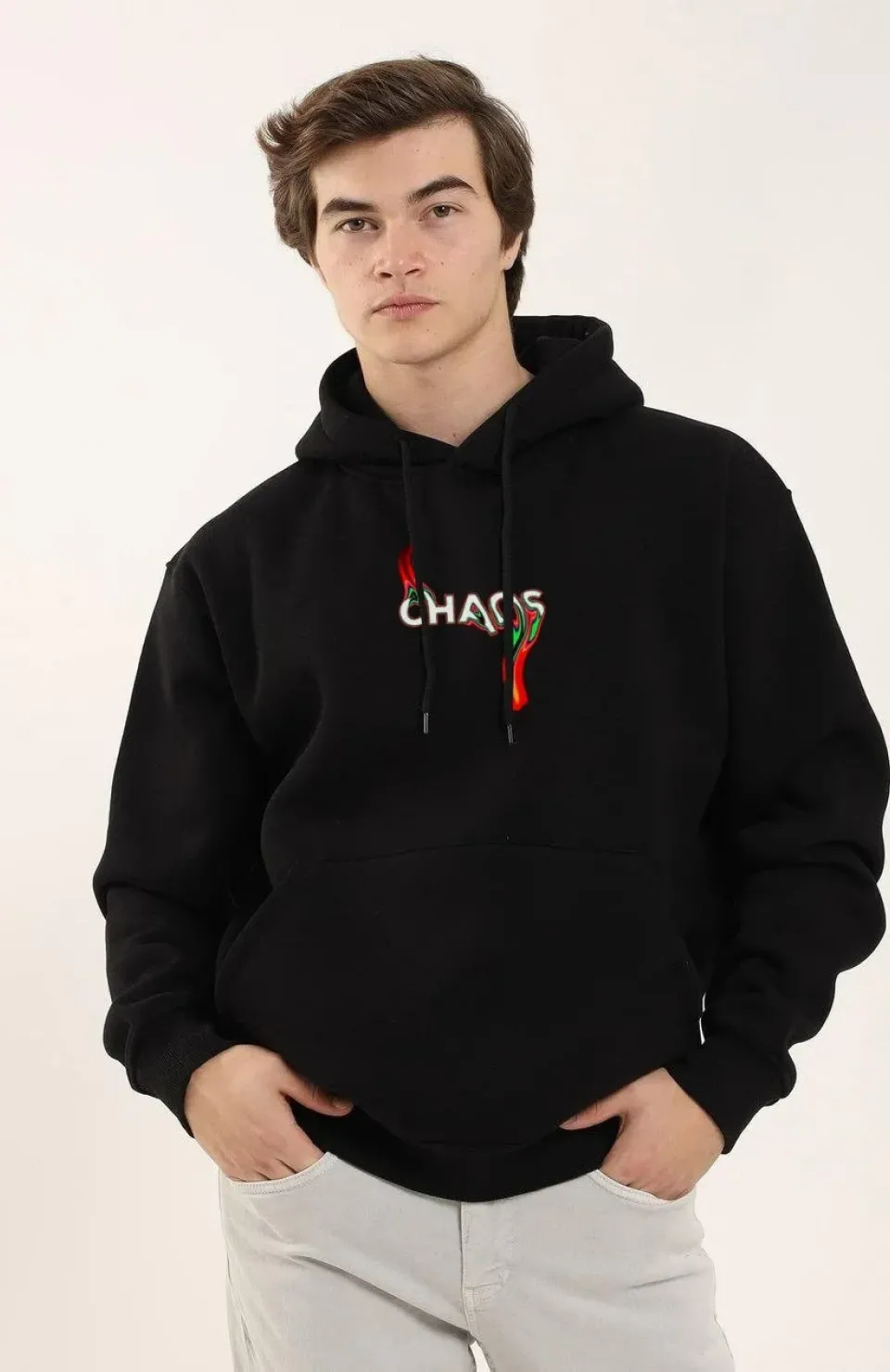 Unisex Baskılı Oversize Üç İplik Kapüşonlu Sweatshirt - Siyah