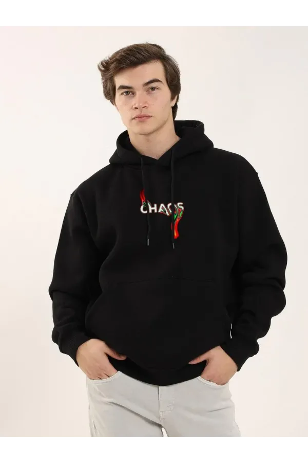 Unisex Baskılı Oversize Üç İplik Kapüşonlu Sweatshirt - Siyah